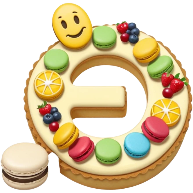 number-shaped cookie cream tart with macarons, fruit, and candy decoration toppings, simplified, clear, emoji-like, no faces emoji