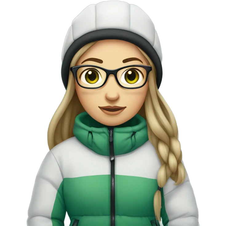 Green-eyed, slightly overweight female skier with long straight hair, glasses, light grey snow jacket, long black pants, black only snow boots, wearing black skis standing tall. emoji