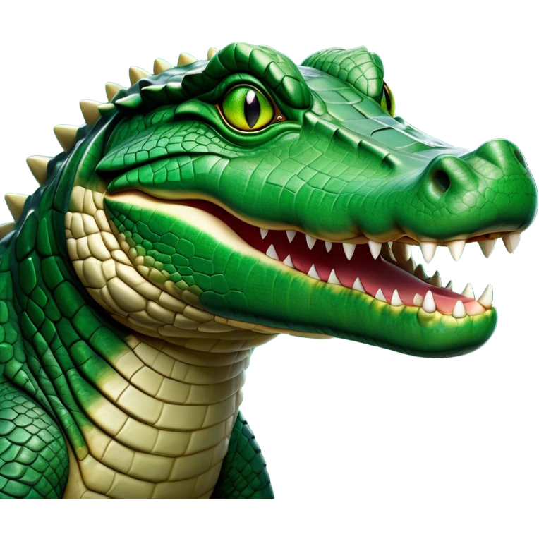 Cinematic Noble Crocodile Portrait Emoji, Poised and regal, with a powerful, elongated build and a rugged, scaly emerald-green hide, piercing cold eyes, Simplified yet sharp and sophisticated features, highly detailed, glowing with a soft, dignified glow, high shine, intelligent and formidable, stylized with an air of ancient might, focused and attentive, soft glowing outline, capturing the essence of a watchful and commanding reptile, so majestic it feels as though it could silently slide out of the screen with effortless authority! emoji
