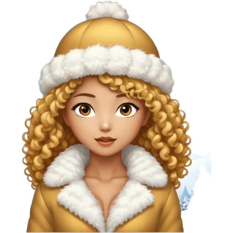 sexy and muscled tanned asian girl, golder curly hair, in winter fluffy white and gold dress-suit, in winter fluffy hat, winter snow and ice around emoji