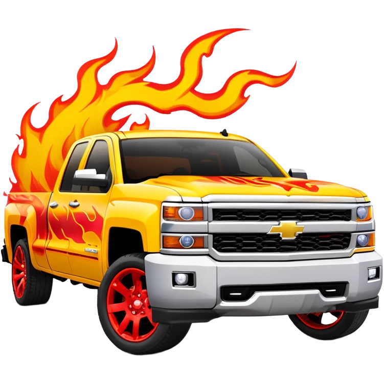 Bright yellow Chevrolet Silverado with professionally airbrushed red flame artwork with orange highlights, custom paint job like in Kill Bill, 30-degree angle showing detailed flames, iOS emoji style emoji