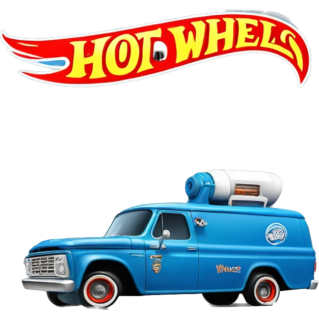 Side-on shot, Hot wheels, Hot rod, large panel van truck,1964 with exposed chrome exhaust pipes, blue, large wheels in back, logo “Stinky’s Diaper Cleaner” emoji