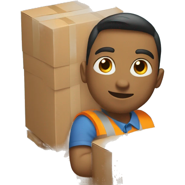 a mover in orange vest blue shirt with a trolley loaded with 3 small packed boxes, right angle emoji