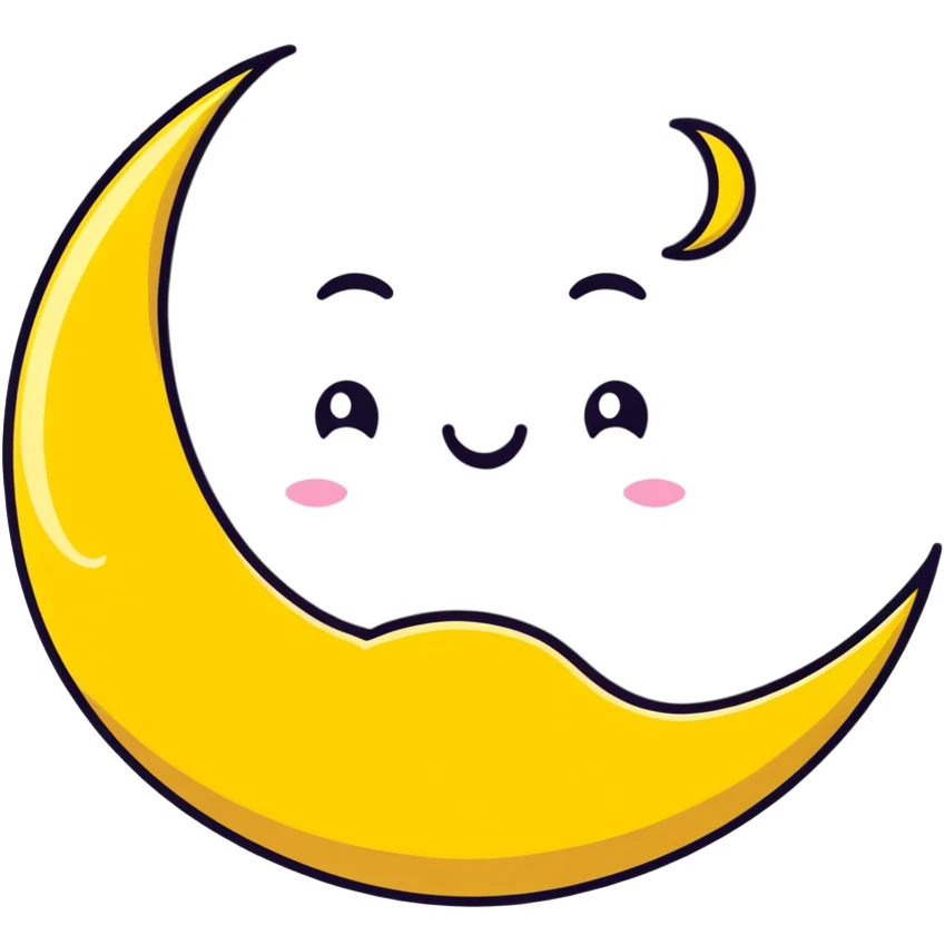 yellow crescent moon with a cute smiling face and dimples emoji
