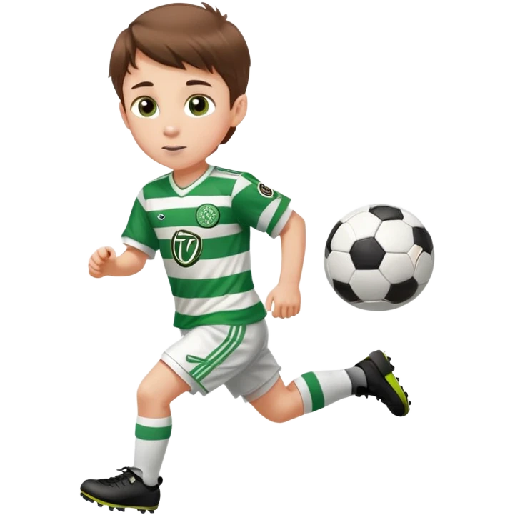Celtic footballer jersey logo  6 years old brown hair white boy , brown eyes , stripes uniform , RUNNING  with soccer ball # 17 celtic football logo PUT ONLY ONE LOGO ONE CELTIC LOGO ONLY white shorts emoji