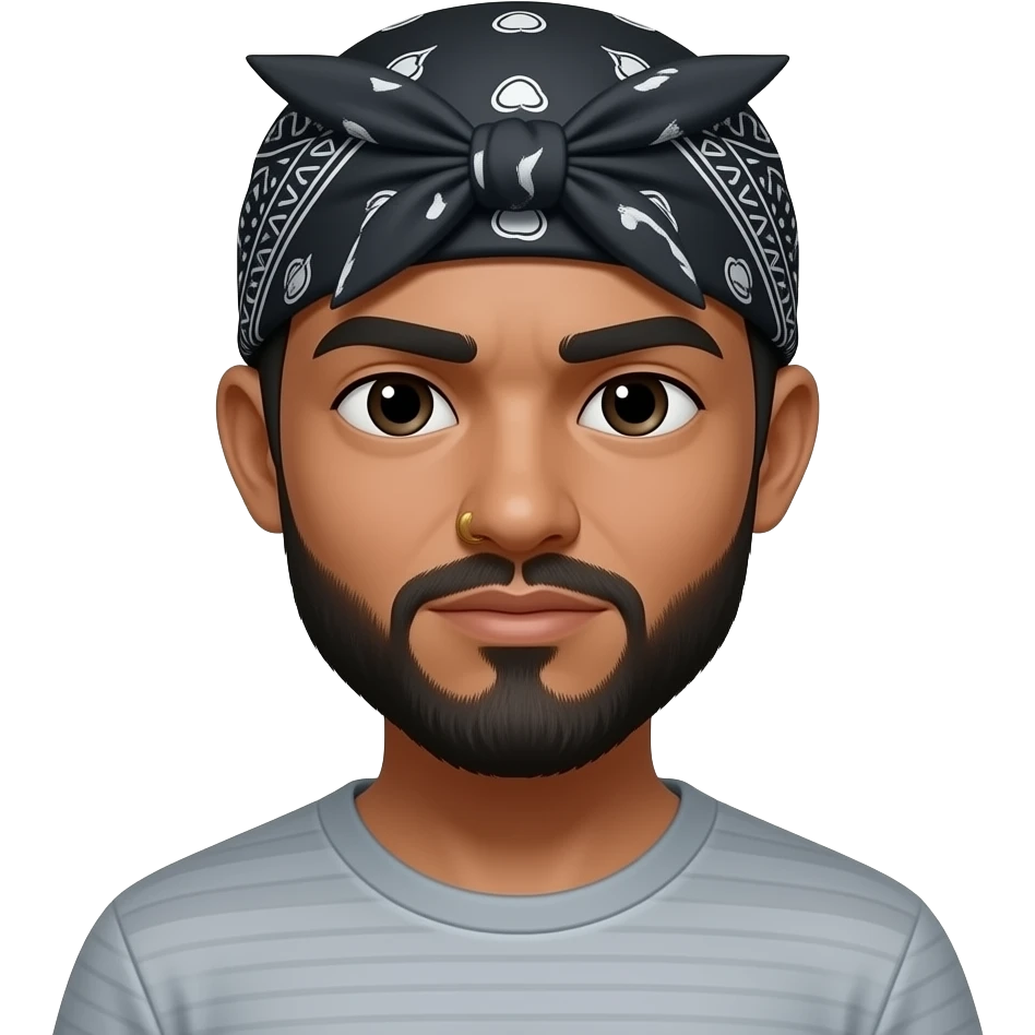 No all wrong. Make me, and Asian male with a black beard, wearing a bandana that covers my whole head. Quite dark skin and a small gold nose piercing emoji