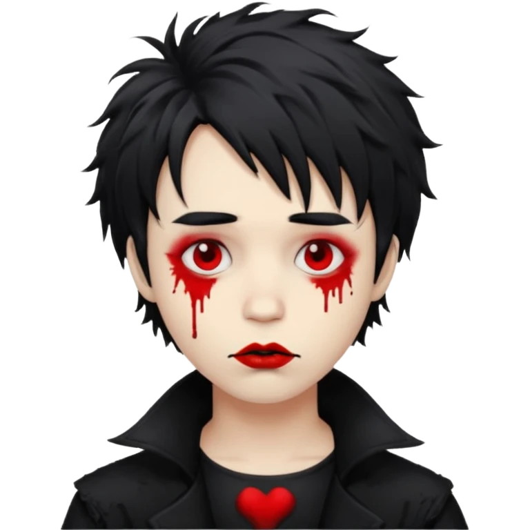 Goth boy with shaggy hair, and messy, smudged, red, lipstick  emoji