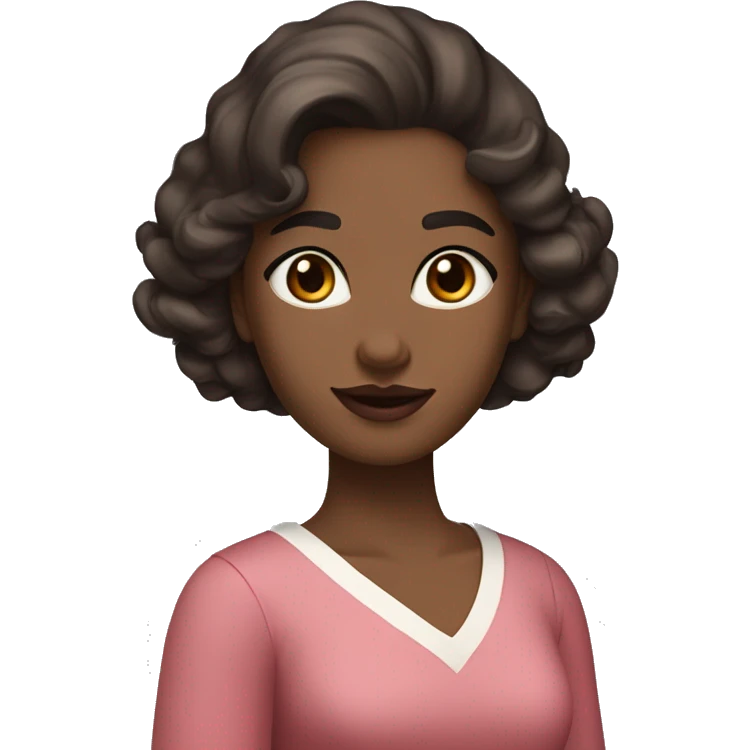 The woman has soft features, fair skin, and almond-shaped eyes. Her defined eyebrows and natural pink lips frame her face. Her dark, wavy hair is partly tied back, giving her an elegant yet relaxed look.  She wears a red V-neck long dress. White skin. emoji