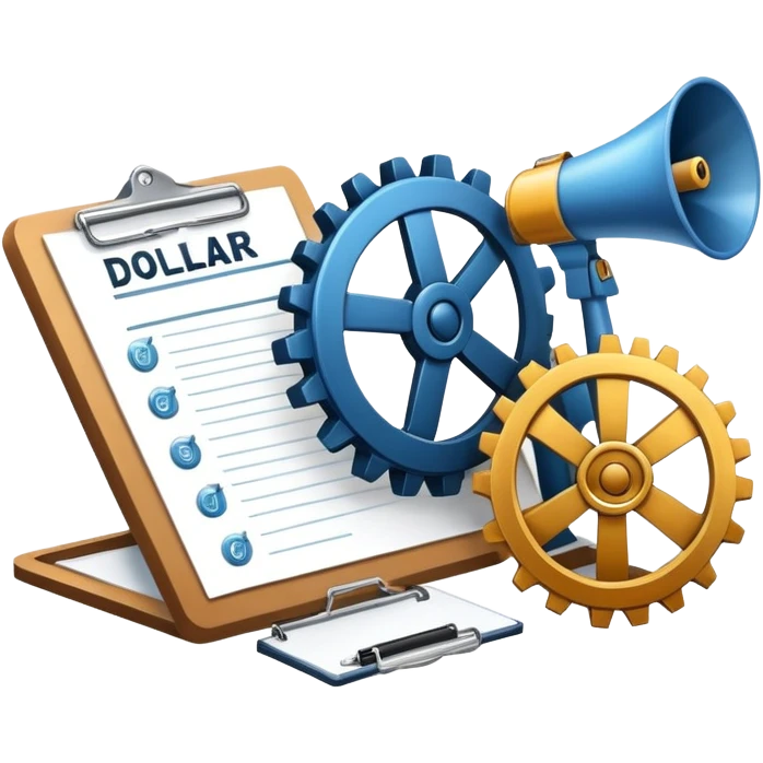 An icon featuring a pie chart, a clipboard, and a megaphone, symbolizing management and marketing. The design includes gears representing strategy and a dollar sign to highlight business growth. Transparent background emphasizes the dynamic world of business leadership and promotion. emoji