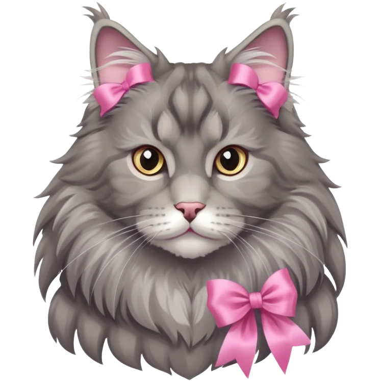 A grey Maine coon Neck Wearing a pink silk ribbon emoji