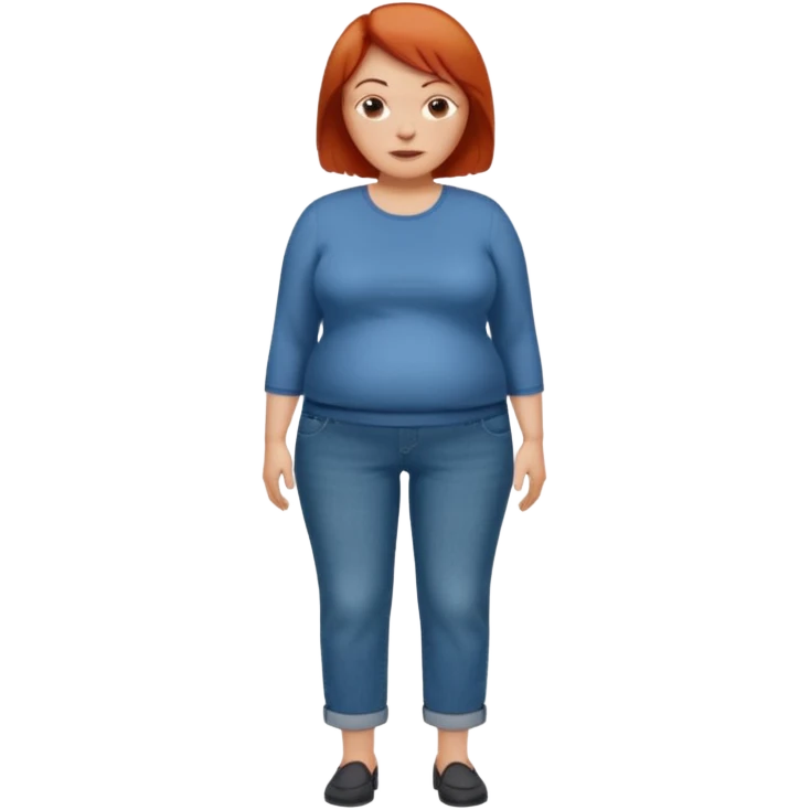 Lazy old Short woman with straight short red hair and fat tummy..wears business casual loose jeans and full sleeve  tshirt. Not smart looking ill fitting clothes emoji
