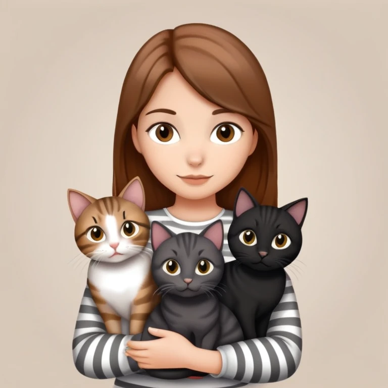 Tan brown-haired girl holding three cats, one black cat, one grey cat, and one grey-striped cat emoji