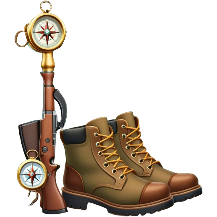 emoji for Hunting Tourism: a hunting rifle, hunting boots and a compass on a forest background, with a silhouette of wildlife in the distance. The icon should capture the adventure and connection with nature in hunting tourism. Transparent background. emoji