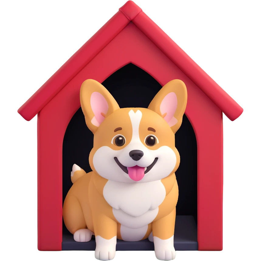 red dog house with a Corgi dog inside, Corgi sitting at the entrance, semi-realistic with emoji-style eyes and expression emoji