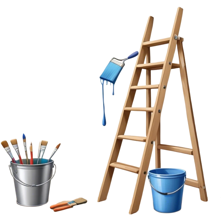 Create an icon that represents the hobby of wall painting. The design should feature a wall with a beautiful, frameless painting in progress. Include a paint bucket with brushes and rollers, as well as a wooden ladder, symbolizing the process of creating the artwork. The wall should have visible brush strokes, indicating the work in progress. The composition should be harmonious and balanced, reflecting both the artistic and practical aspects of wall painting. The background should be transparent. emoji