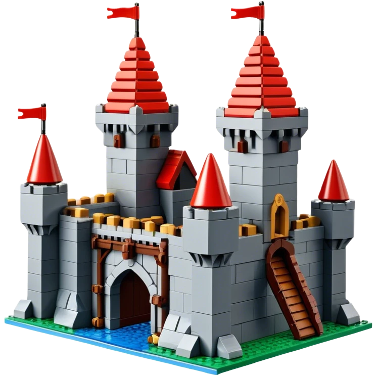 A photorealistic icon featuring a large medieval castle built from LEGO bricks, with detailed textures of the bricks, turrets, and drawbridge. The design captures the creativity and intricacy of LEGO construction with vibrant colors and realistic lighting. Transparent background emoji
