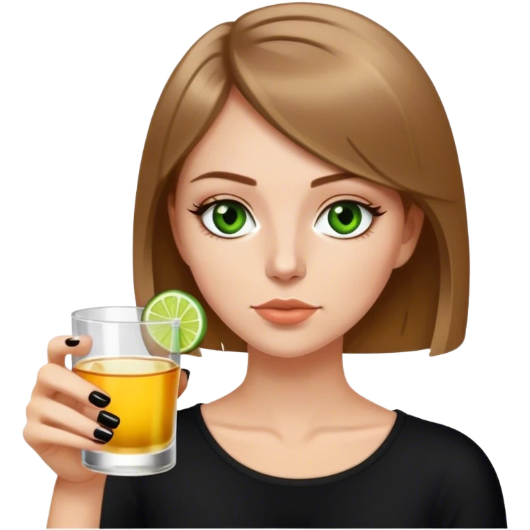 green eyes light brown hair white girl with short bob no bangs with a shot of tequila wearing black emoji