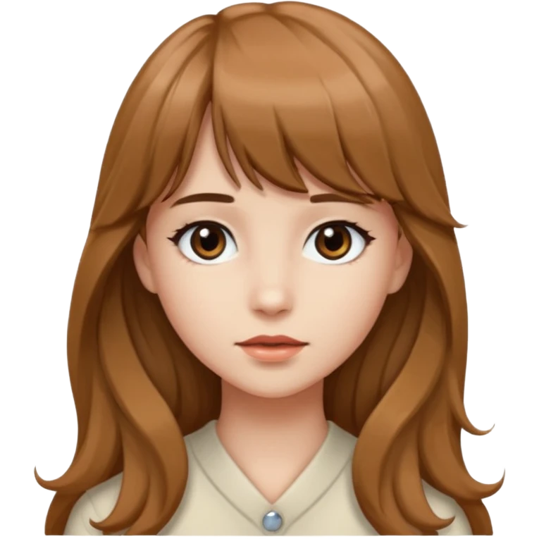 Uma garota de cabelo ondulado marrom,mas com franja lisa e olhos pretos, e a cor de pele branca,e o cabelo LONGO  emoji