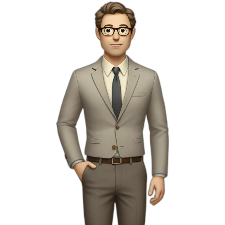 Full height Gesticulating Pale skinned fit man with dark brown hair in gray jacket, beige office shirt, brown tie, brown pants and vintage glasses. emoji