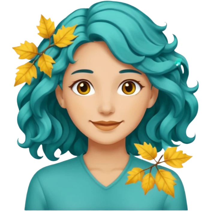 A woman with wavy teal hair decorated with yellow leaves, looking forward with a gentle smile. emoji