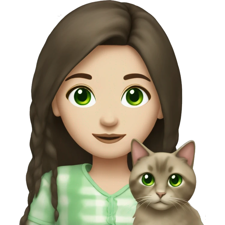 brunette girl with green eyes with cat ragdoll  emoji