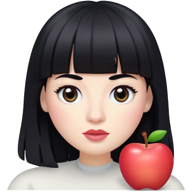 Cabelos longos  com franja na sombancelha e pretos , olhos bem pouco caidos e pretos , pele branca como a neve,  , bastante cilios e boca rosada claro estilo memoji da apple emoji