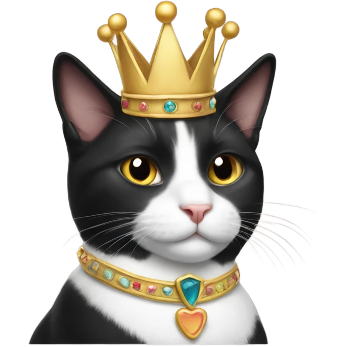Tuxedo cat sitting and wearing a crown emoji