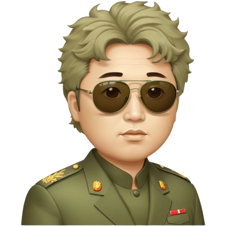 Messy haired Kim Jung Il wearing olive mao suit and large sunglasses emoji