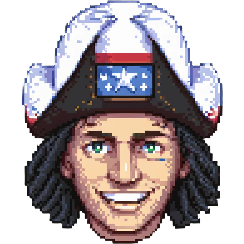 pixel art of Yankee Doodle's head, wearing a classic black Tricorne hat, cheerful expression emoji