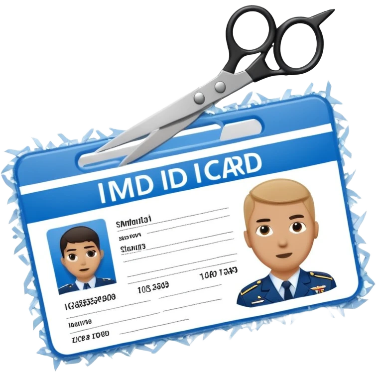Scissors cutting military ID card in the middle front view emoji
