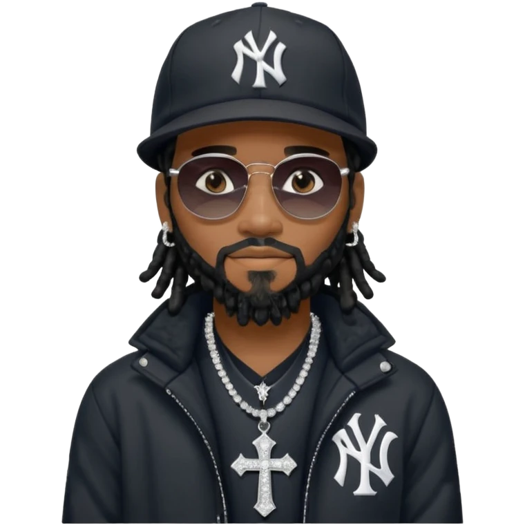 African American man with shoulder length black dreadlocks with black beard wearing black sunglasses wearing a New York Yankees logo baseball cap wearing a black bubble winter coat wearing diamond earrings for men with diamond cross necklace on his neck emoji