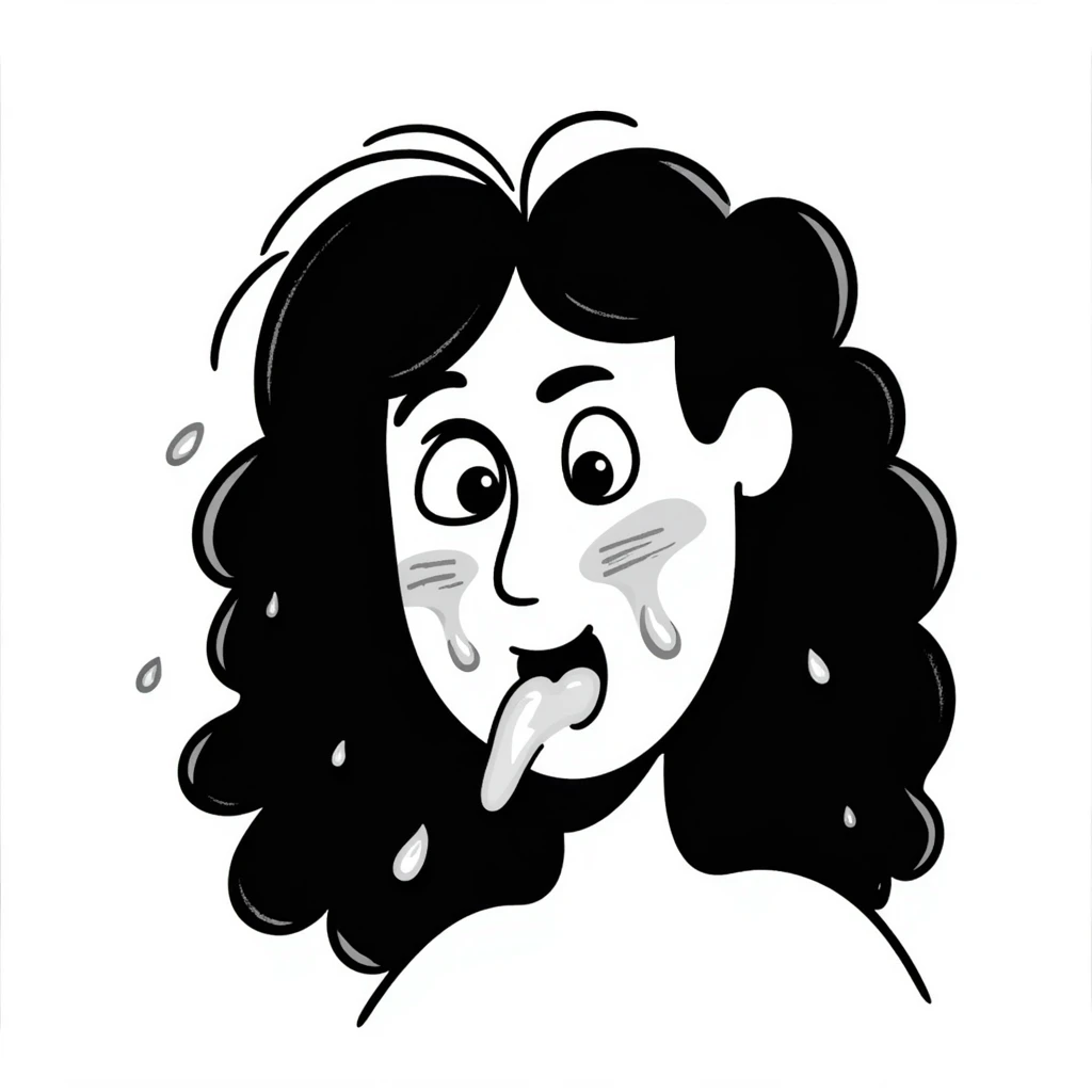 shocked woman with long messy curly black hair, thick goopy white liquid on cheeks, lips, tongue, tongue out, eyes wide open, gunk dripping and matting hair emoji