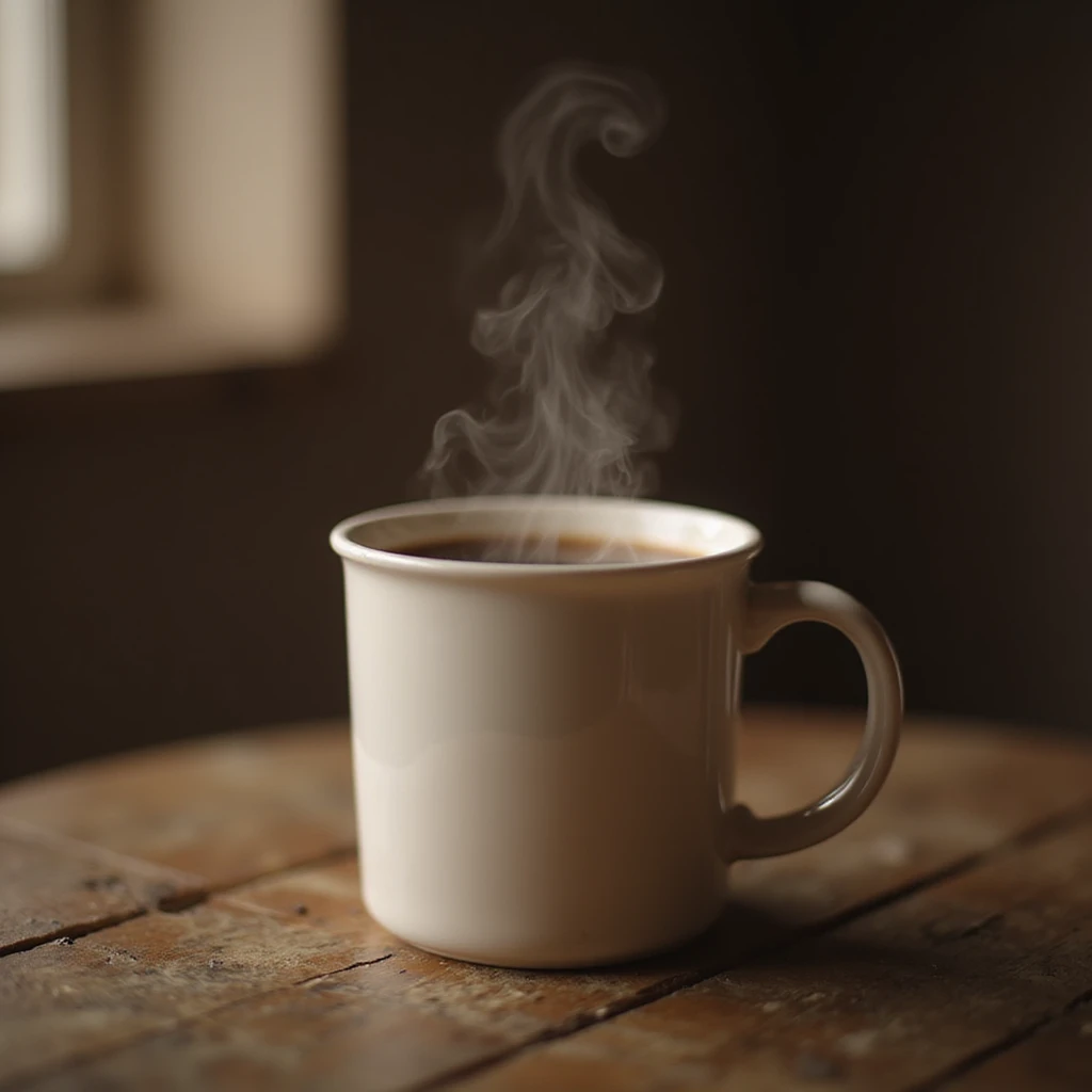 realistic steaming mug of coffee, cozy atmosphere emoji
