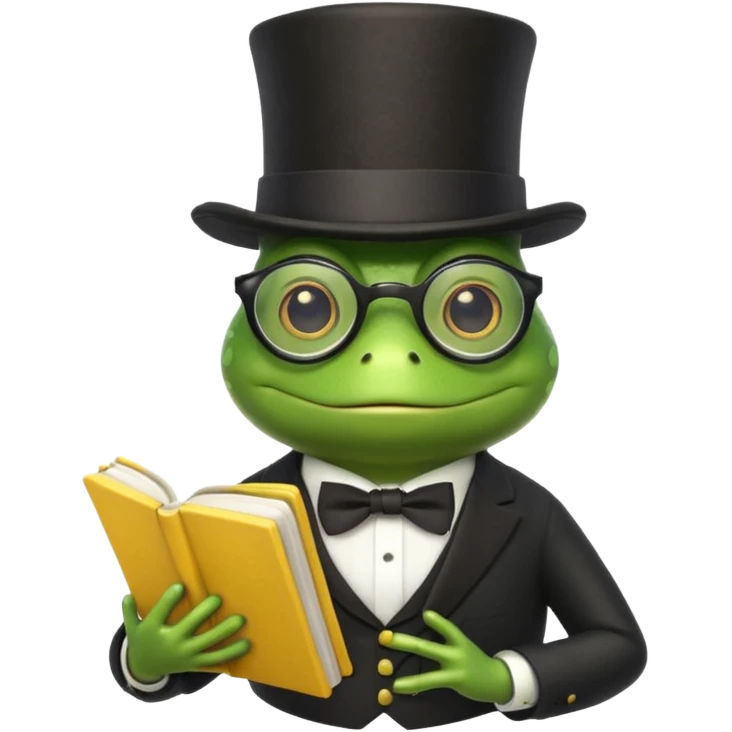 frog wearing top hat with glasses and yellow book emoji