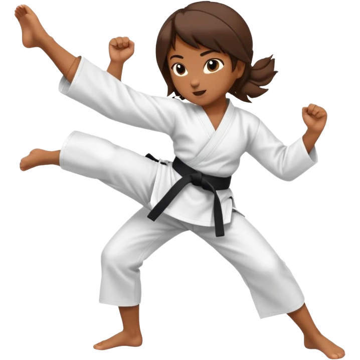 Ragazza castana che pratica karate, ha la cintura nera ed io tradizionale kimono bianco del karate, tira un calcio laterale oppure un pugno oppure è in posizione di guardia emoji