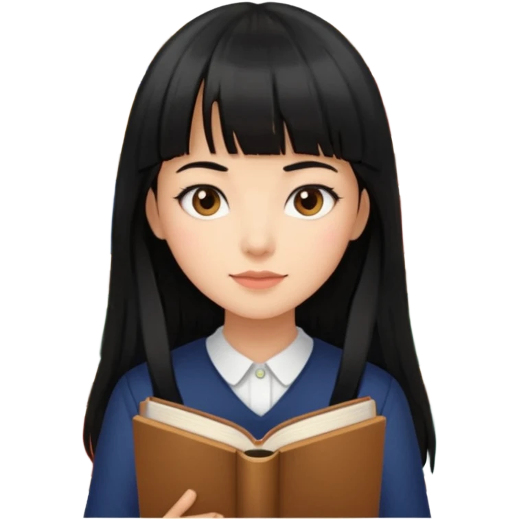 lecture girl with straight bangs fringe long black color hair with lots of books emoji