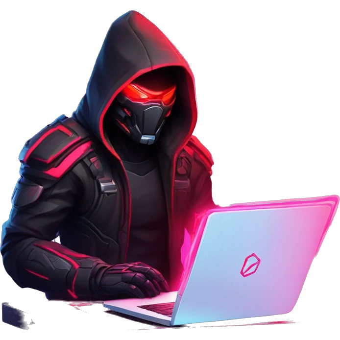 developer behind his laptop with this style : crysis Cyberpunk Riot Games Valorant neon glowing bright red character red dark black hooded assassin themed character emoji