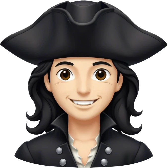 A charismatic pirate with wavy black hair, wearing a black tricorn hat and a sleek black coat with silver buttons, smiling confidently. emoji