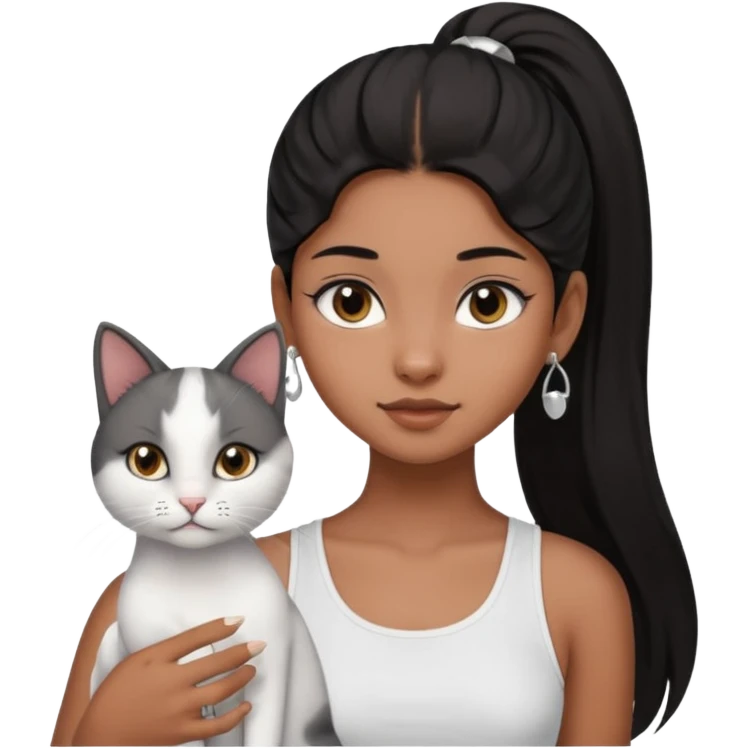 An brown skin Teenager girl with brown eyes, long black hair in one high ponytail, with a white crop top holding her grayish-white cat, and small silver earrings emoji