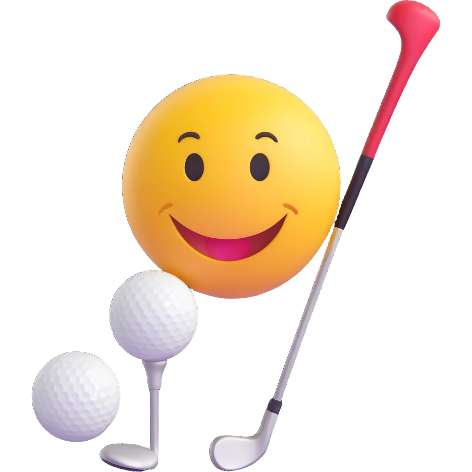 3D smiley emoji, round shape, with golf club and ball, sporty face emoji