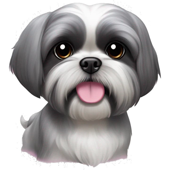 cute grey girl shih tzu with black at the ends of ears and dark around eyes and pink collar that says Zoey emoji