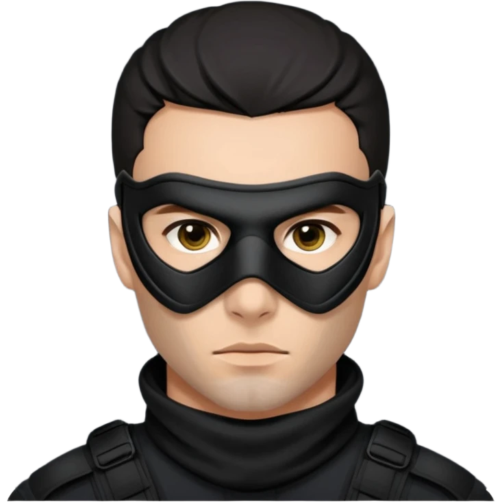 Close-up portrait of an attractive man with piercing eyes, wearing a sleek black tactical mask that covers the lower half of his face. He has sharp jawline definition, dark hair, and a serious, undercover criminal or covert operative look. High contrast, noir lighting, cinematic depth of field. emoji