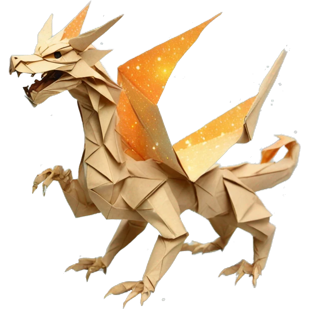 Sparkling patterned Beige Origami dragon with a dried flower crown made of newspapers intricate patterns surrounded by fairy lights nebula galaxy stars swirls iridescent orange cyan yellow emoji
