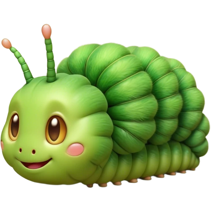 Cinematic Cute Caterpillar Portrait Emoji, Head tilted playfully and inquisitively, featuring a small, fuzzy body with rounded, plump segments, soft, endearing eyes and a charmingly wiggly movement, Simplified yet irresistibly adorable features, highly detailed, glowing with a warm, inviting green glow, high shine, affectionate and lively, stylized with a touch of whimsical woodland charm, soft glowing outline, capturing the essence of a mischievous caterpillar that seems as if it could crawl out of the screen into your arms! emoji