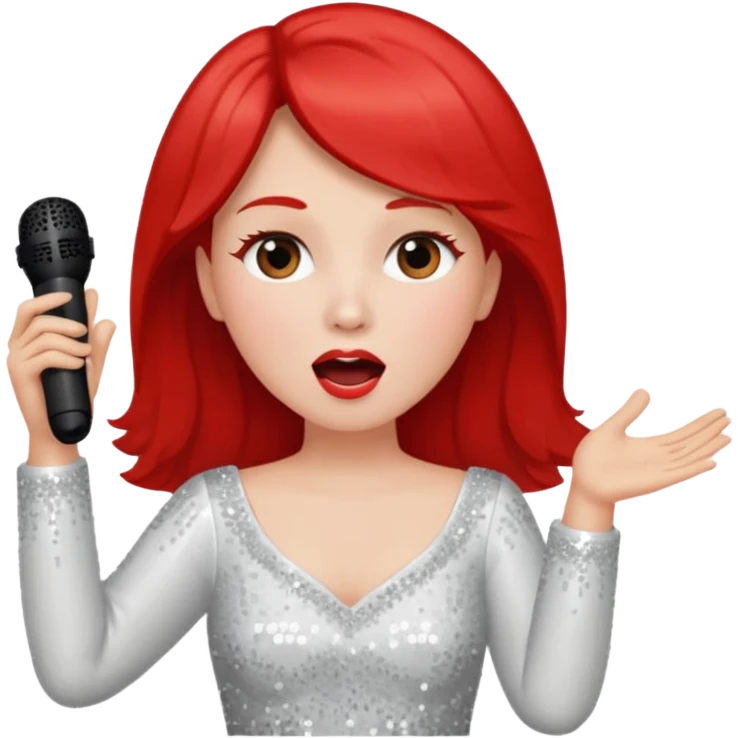 Head turned slightly to the left Singing with open eyes and red cheeks wearing long-sleeved sequined white dress  emoji