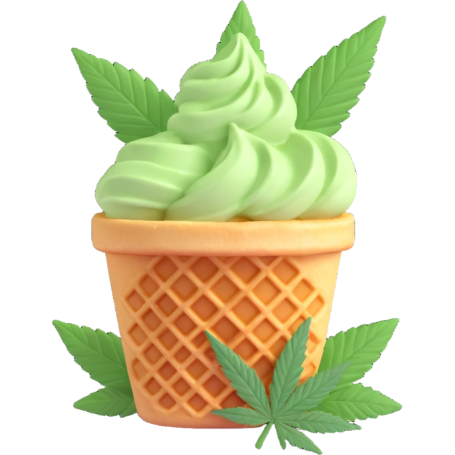 colorful gelato in a waffle cup with cannabis leaf emoji