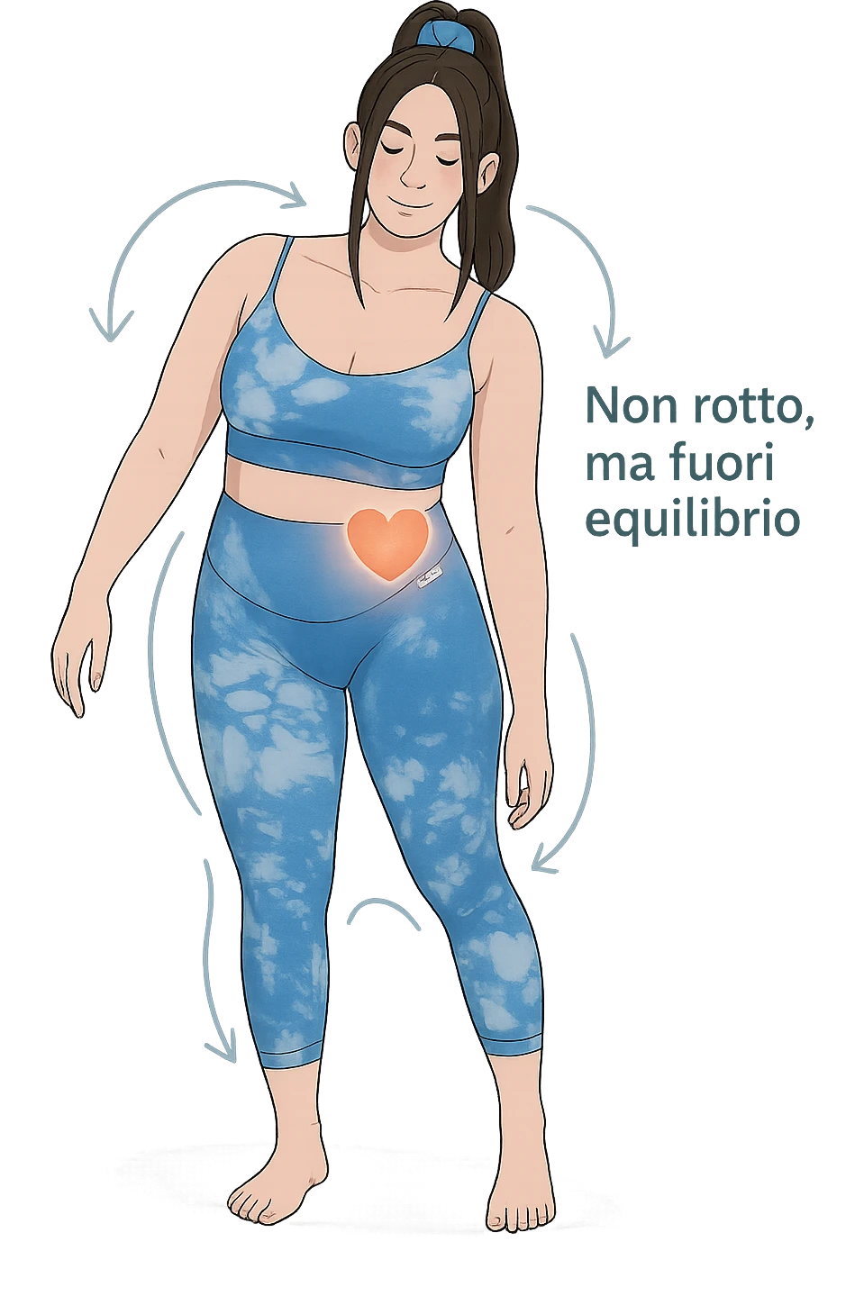 a woman stands in a relaxed pose, with a gentle, confident expression. Her body is shown with subtle, curved lines or arrows indicating areas of imbalance (such as a slight tilt in the shoulders or hips), but no signs of injury or damage. A soft glow or heart symbol at her core emphasizes resilience and the message “Non rotto, ma fuori equilibrio” The background is clean and clinical, with light blue tones. emoji