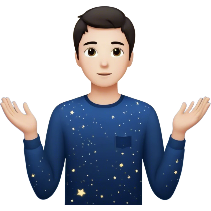 A young man stands in a vast, starry universe, surrounded by floating particles of light. Each particle represents a choice, a moment, a memory—his personal universe. He reaches out, touching one, knowing that everything he does stays in this space forever.  emoji
