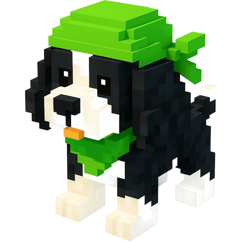 A black and white Russian Cocker Spaniel puppy wearing a green durag, voxel style, standing emoji