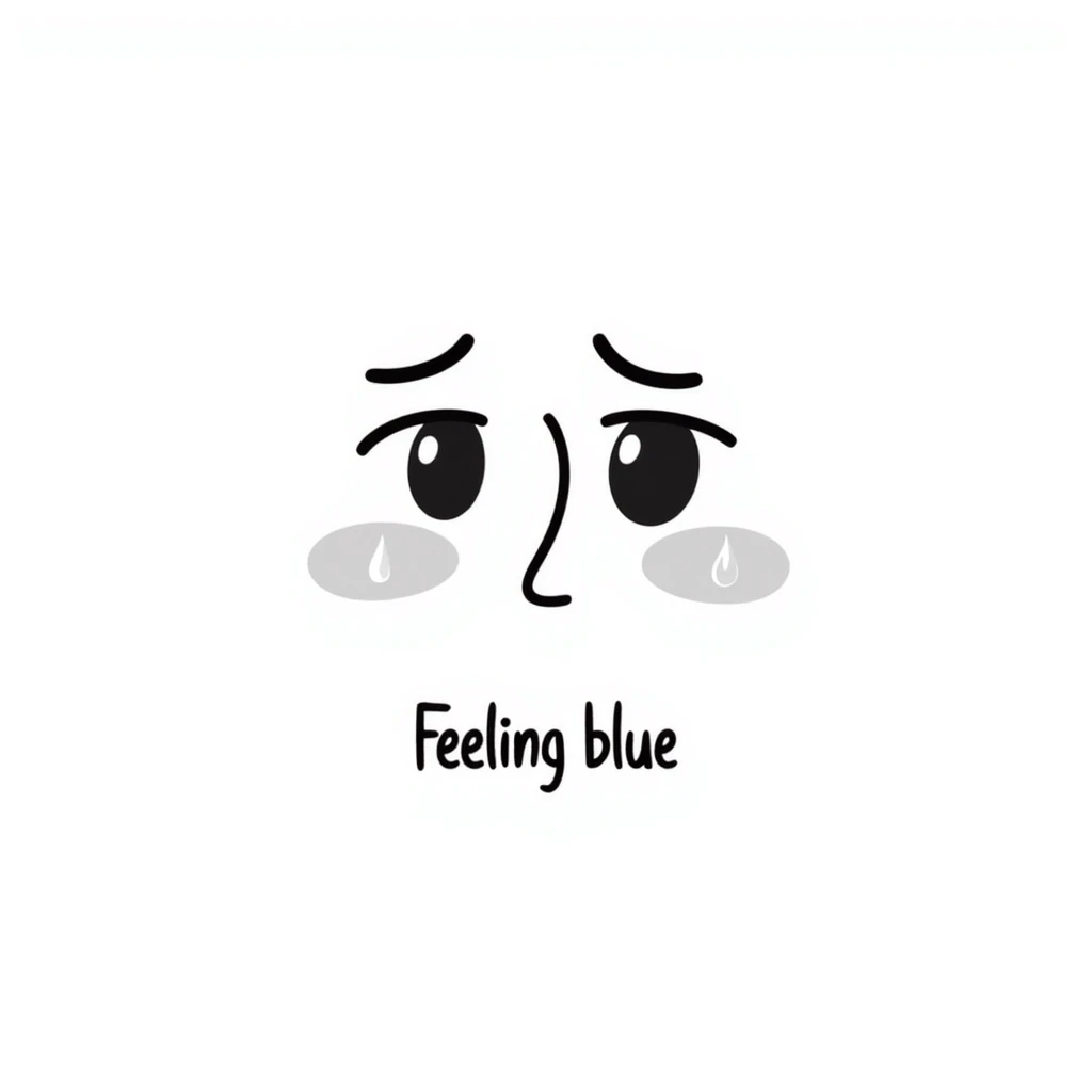 Sad face with tears saying "Feeling blue" emoji